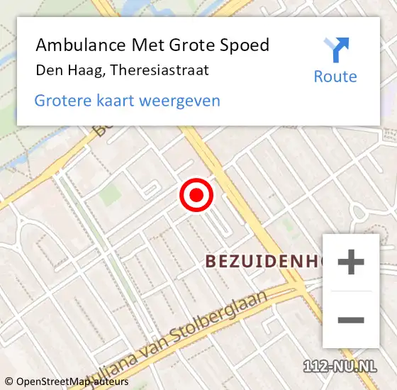 Locatie op kaart van de 112 melding: Ambulance Met Grote Spoed Naar Den Haag, Theresiastraat op 19 september 2022 21:29