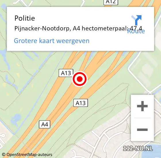 Locatie op kaart van de 112 melding: Politie Den Haag, A4 hectometerpaal: 47,4 op 20 september 2022 01:47