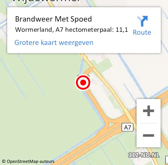 Locatie op kaart van de 112 melding: Brandweer Met Spoed Naar Wormerland, A7 hectometerpaal: 11,1 op 20 september 2022 04:35