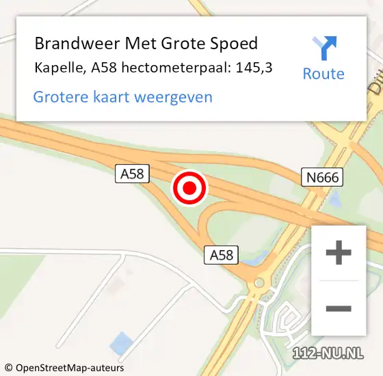 Locatie op kaart van de 112 melding: Brandweer Met Grote Spoed Naar Kapelle, A58 hectometerpaal: 145,3 op 20 september 2022 05:51