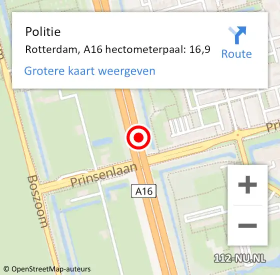 Locatie op kaart van de 112 melding: Politie Rotterdam, A16 hectometerpaal: 16,9 op 20 september 2022 08:58