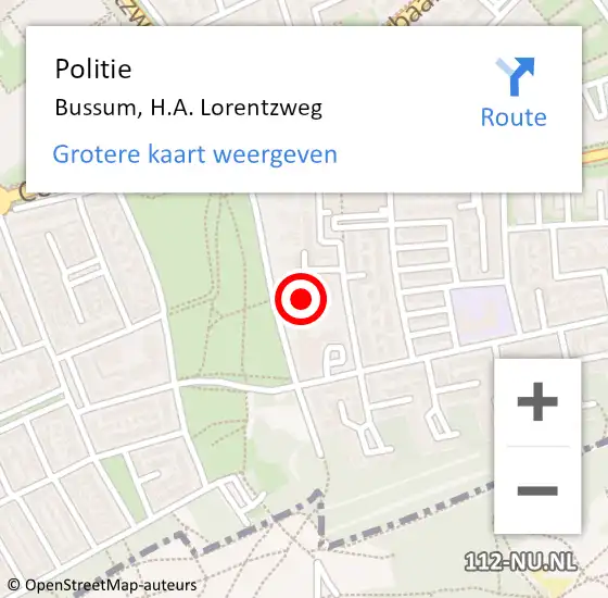 Locatie op kaart van de 112 melding: Politie Bussum, H.A. Lorentzweg op 20 september 2022 09:22