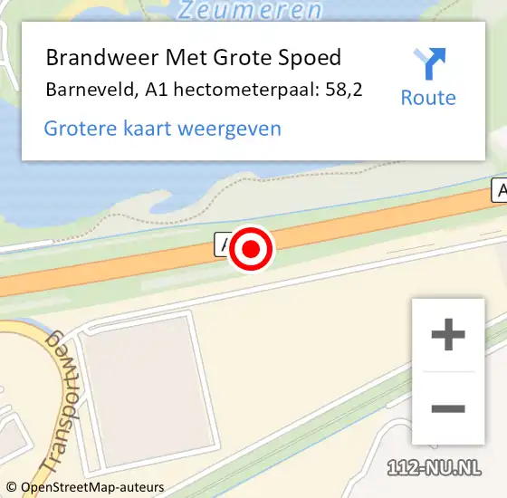 Locatie op kaart van de 112 melding: Brandweer Met Grote Spoed Naar Barneveld, A1 hectometerpaal: 58,2 op 20 september 2022 09:32