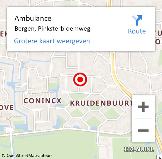 Locatie op kaart van de 112 melding: Ambulance Bergen, Pinksterbloemweg op 20 september 2022 14:05