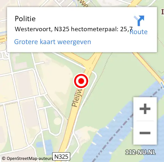 Locatie op kaart van de 112 melding: Politie Westervoort, N325 hectometerpaal: 25,7 op 20 september 2022 14:19