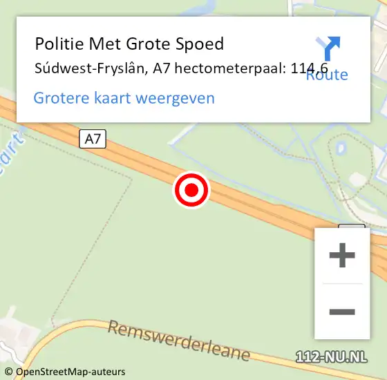 Locatie op kaart van de 112 melding: Politie Met Grote Spoed Naar Súdwest-Fryslân, A7 hectometerpaal: 114,6 op 20 september 2022 15:17