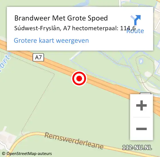 Locatie op kaart van de 112 melding: Brandweer Met Grote Spoed Naar Súdwest-Fryslân, A7 hectometerpaal: 114,6 op 20 september 2022 15:20