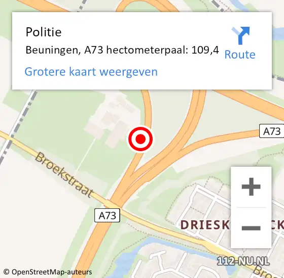 Locatie op kaart van de 112 melding: Politie Beuningen, A73 hectometerpaal: 109,4 op 20 september 2022 16:01