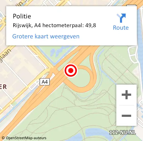 Locatie op kaart van de 112 melding: Politie Rijswijk, A4 hectometerpaal: 49,8 op 20 september 2022 16:38