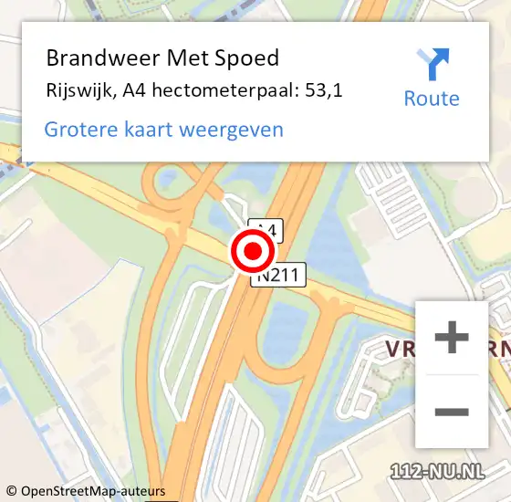 Locatie op kaart van de 112 melding: Brandweer Met Spoed Naar Rijswijk, A4 hectometerpaal: 53,1 op 20 september 2022 17:01