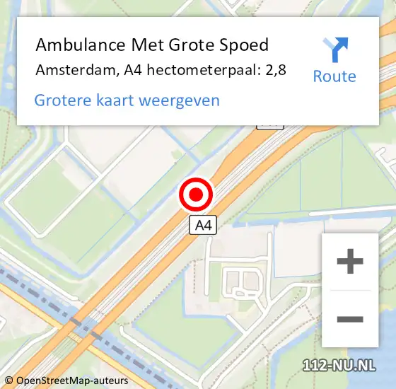 Locatie op kaart van de 112 melding: Ambulance Met Grote Spoed Naar Amsterdam, A4 hectometerpaal: 2,8 op 20 september 2022 19:02