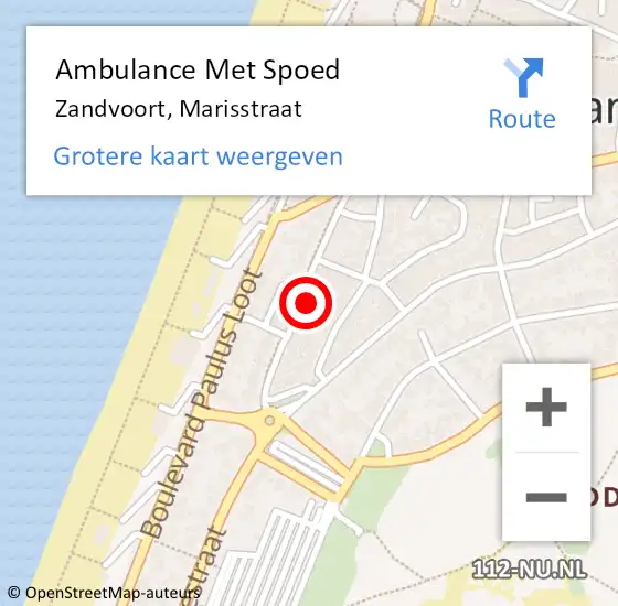 Locatie op kaart van de 112 melding: Ambulance Met Spoed Naar Zandvoort, Marisstraat op 20 september 2022 19:02