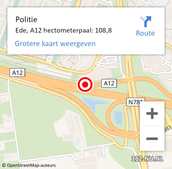 Locatie op kaart van de 112 melding: Politie Ede, A12 hectometerpaal: 108,8 op 20 september 2022 22:03
