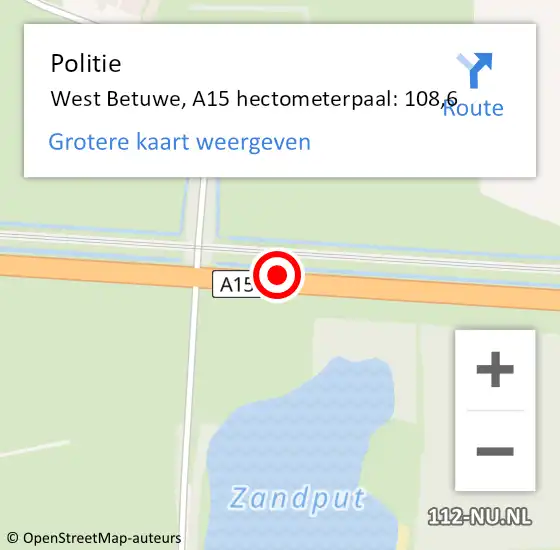 Locatie op kaart van de 112 melding: Politie West Betuwe, A15 hectometerpaal: 108,6 op 21 september 2022 07:19