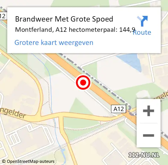Locatie op kaart van de 112 melding: Brandweer Met Grote Spoed Naar Montferland, A12 hectometerpaal: 144,9 op 21 september 2022 07:39