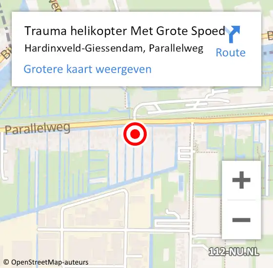 Locatie op kaart van de 112 melding: Trauma helikopter Met Grote Spoed Naar Hardinxveld-Giessendam, Parallelweg op 21 september 2022 09:16