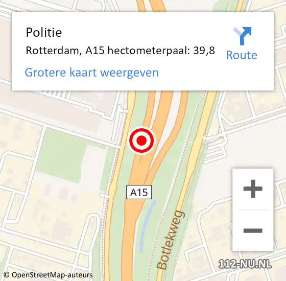 Locatie op kaart van de 112 melding: Politie Rotterdam, A15 hectometerpaal: 39,8 op 21 september 2022 09:29