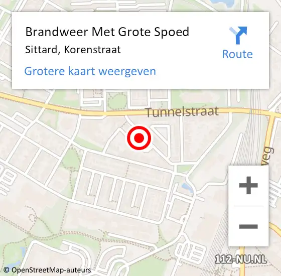 Locatie op kaart van de 112 melding: Brandweer Met Grote Spoed Naar Sittard, Korenstraat op 21 september 2022 11:03