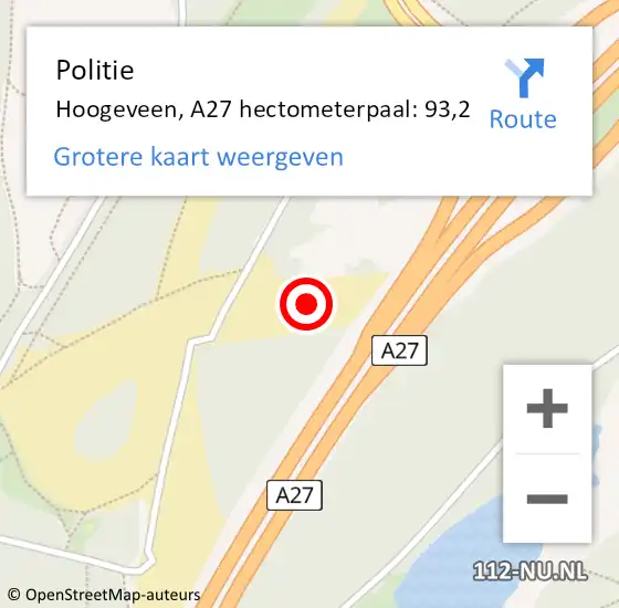 Locatie op kaart van de 112 melding: Politie Hoogeveen, A27 hectometerpaal: 93,2 op 21 september 2022 11:08