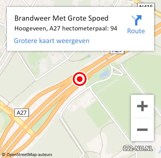 Locatie op kaart van de 112 melding: Brandweer Met Grote Spoed Naar Hoogeveen, A27 hectometerpaal: 94 op 21 september 2022 11:09