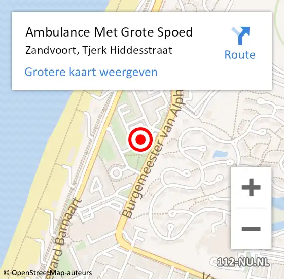 Locatie op kaart van de 112 melding: Ambulance Met Grote Spoed Naar Zandvoort, Tjerk Hiddesstraat op 21 september 2022 12:39
