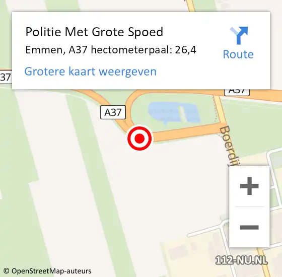 Locatie op kaart van de 112 melding: Politie Met Grote Spoed Naar Emmen, A37 hectometerpaal: 26,4 op 21 september 2022 12:43