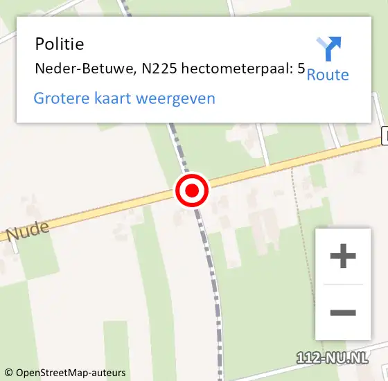 Locatie op kaart van de 112 melding: Politie Neder-Betuwe, N225 hectometerpaal: 5 op 21 september 2022 17:33