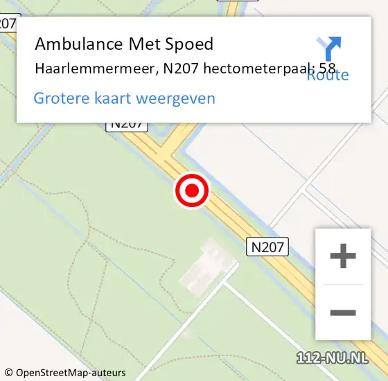 Locatie op kaart van de 112 melding: Ambulance Met Spoed Naar Haarlemmermeer, N207 hectometerpaal: 58 op 21 september 2022 17:46