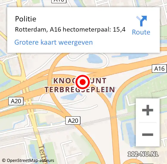 Locatie op kaart van de 112 melding: Politie Rotterdam, A16 hectometerpaal: 15,4 op 21 september 2022 19:14