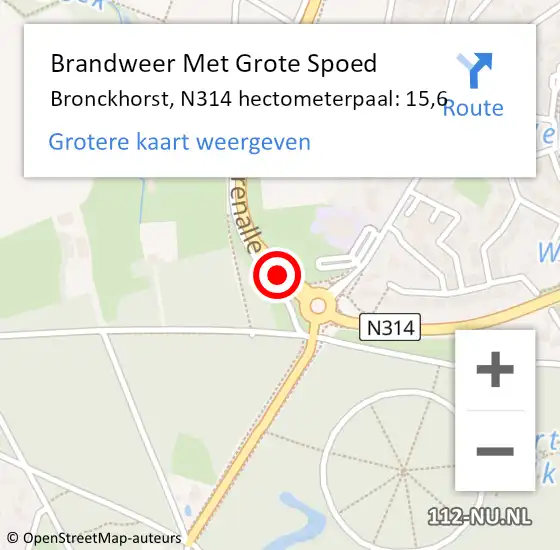Locatie op kaart van de 112 melding: Brandweer Met Grote Spoed Naar Bronckhorst, N314 hectometerpaal: 15,6 op 21 september 2022 20:32