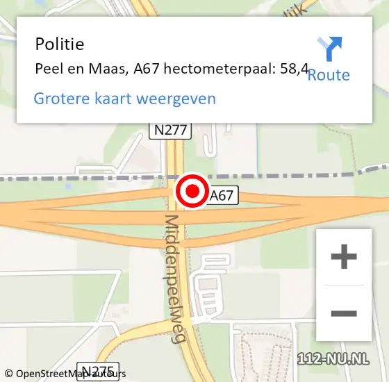 Locatie op kaart van de 112 melding: Politie Peel en Maas, A67 hectometerpaal: 58,4 op 21 september 2022 22:37