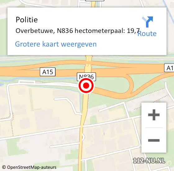 Locatie op kaart van de 112 melding: Politie Overbetuwe, N836 hectometerpaal: 19,7 op 21 september 2022 23:24