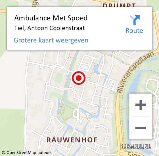 Locatie op kaart van de 112 melding: Ambulance Met Spoed Naar Tiel, Antoon Coolenstraat op 22 september 2022 00:05