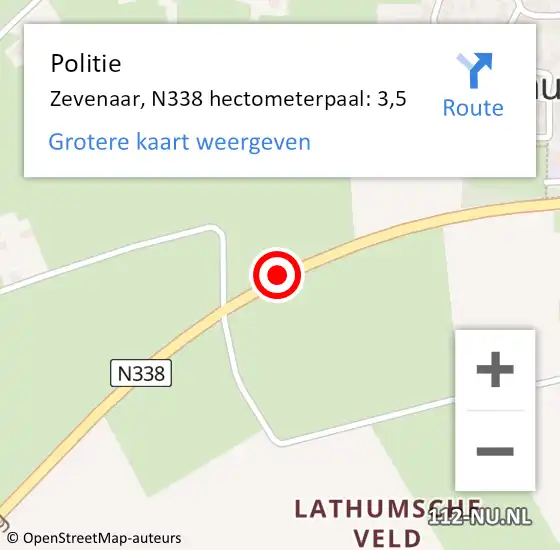 Locatie op kaart van de 112 melding: Politie Zevenaar, N338 hectometerpaal: 3,5 op 22 september 2022 00:20