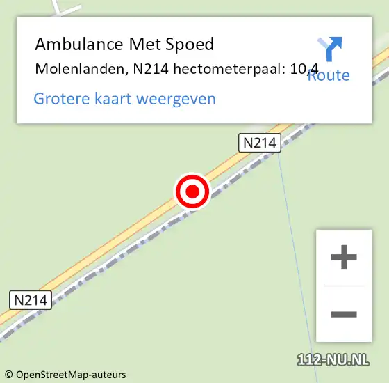 Locatie op kaart van de 112 melding: Ambulance Met Spoed Naar Molenlanden, N214 hectometerpaal: 10,4 op 22 september 2022 01:38