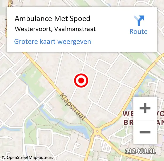 Locatie op kaart van de 112 melding: Ambulance Met Spoed Naar Westervoort, Vaalmanstraat op 22 september 2022 07:48