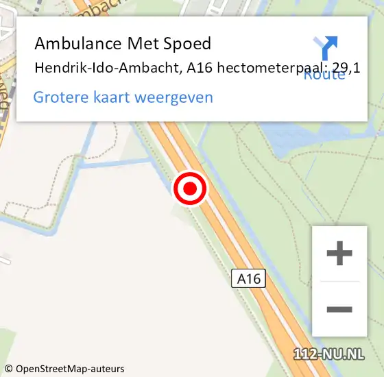 Locatie op kaart van de 112 melding: Ambulance Met Spoed Naar Ridderkerk, A16 hectometerpaal: 29,1 op 22 september 2022 07:52