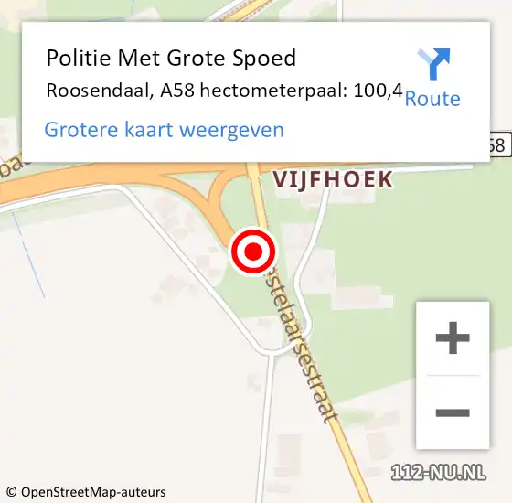 Locatie op kaart van de 112 melding: Politie Met Grote Spoed Naar Roosendaal, A58 hectometerpaal: 100,8 op 22 september 2022 08:14