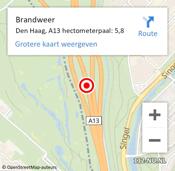Locatie op kaart van de 112 melding: Brandweer Den Haag, A13 hectometerpaal: 5,8 op 22 september 2022 09:02