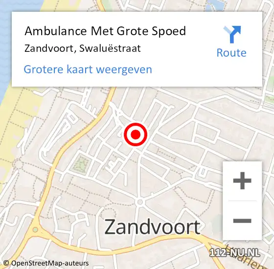 Locatie op kaart van de 112 melding: Ambulance Met Grote Spoed Naar Zandvoort, Swaluëstraat op 22 september 2022 09:12