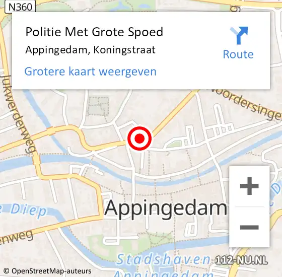 Locatie op kaart van de 112 melding: Politie Met Grote Spoed Naar Appingedam, Koningstraat op 22 september 2022 11:15