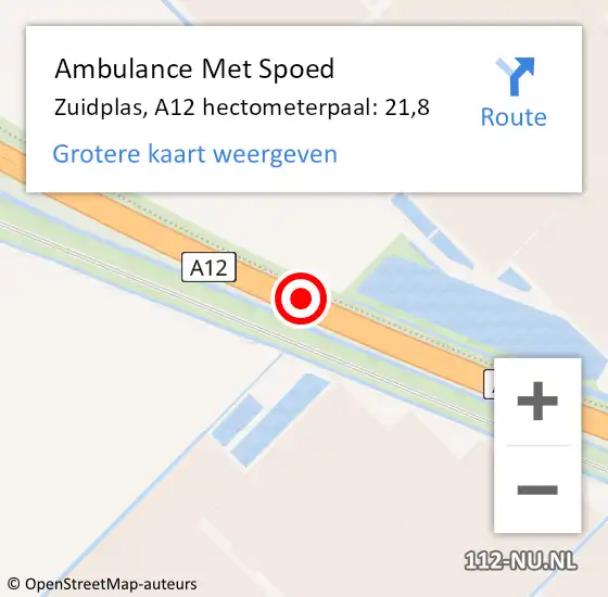 Locatie op kaart van de 112 melding: Ambulance Met Spoed Naar Zuidplas, A12 hectometerpaal: 21,8 op 22 september 2022 11:58