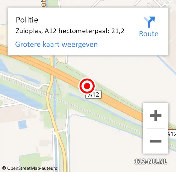 Locatie op kaart van de 112 melding: Politie Zuidplas, A12 hectometerpaal: 21,2 op 22 september 2022 12:10