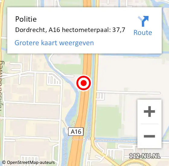 Locatie op kaart van de 112 melding: Politie Dordrecht, A16 hectometerpaal: 37,7 op 22 september 2022 13:34