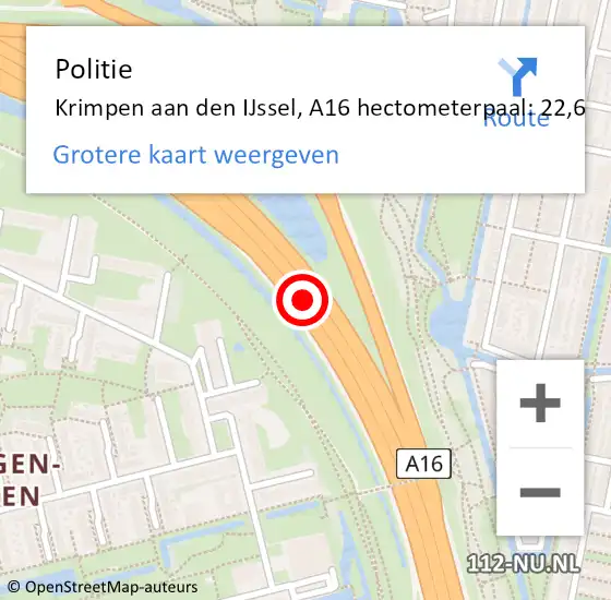 Locatie op kaart van de 112 melding: Politie Tynaarlo, A16 hectometerpaal: 22,6 op 22 september 2022 15:52