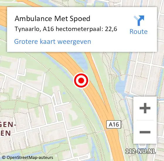 Locatie op kaart van de 112 melding: Ambulance Met Spoed Naar Tynaarlo, A16 hectometerpaal: 22,6 op 22 september 2022 15:53