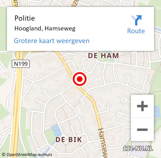 Locatie op kaart van de 112 melding: Politie Hoogland, Hamseweg op 22 september 2022 16:41