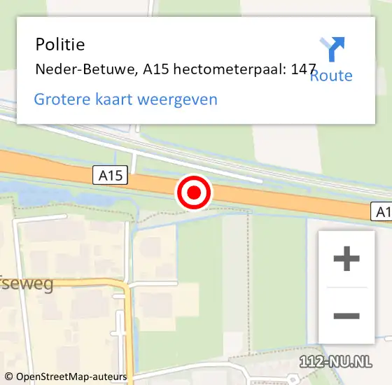 Locatie op kaart van de 112 melding: Politie Neder-Betuwe, A15 hectometerpaal: 147 op 22 september 2022 16:43