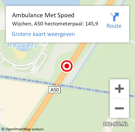 Locatie op kaart van de 112 melding: Ambulance Met Spoed Naar Wijchen, A50 hectometerpaal: 145,9 op 22 september 2022 17:12