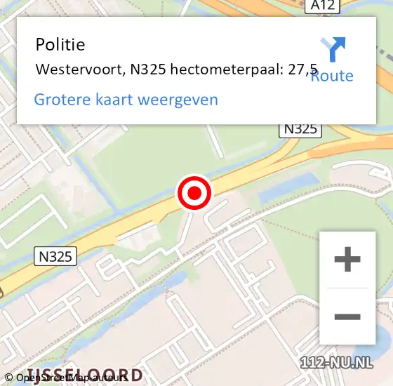 Locatie op kaart van de 112 melding: Politie Westervoort, N325 hectometerpaal: 27,5 op 22 september 2022 17:44